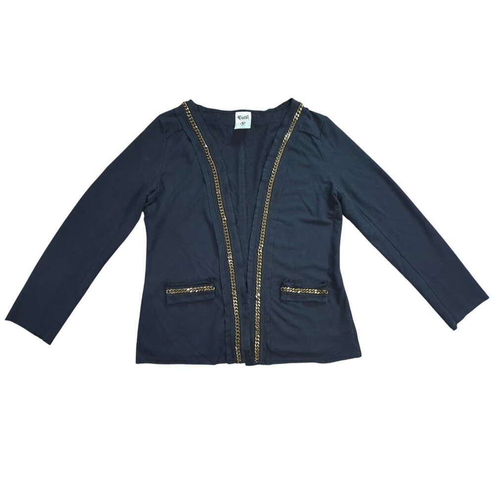 Vintage Black Gold Chain Trim Cardigan Jacket Open Front Size L Chic.